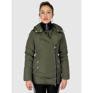 Mackage Down Puffer Jacket Coat Womens XSOlive Green Asymmetric Zip Modern City